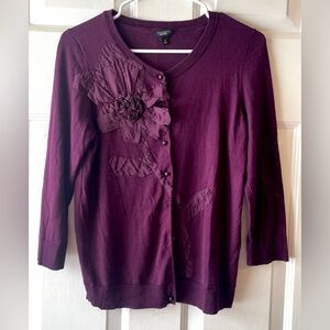 Talbots Plum Purple Shabby Chic Flower Detail Silk Blend Cardigan Sweater Medium